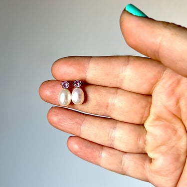 Pink Tourmaline and Pearl Drop Studs in 14k GF 