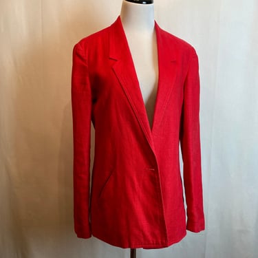 Vintage 100% linen blazer jacket~ 90’s bright Tomato red sporty nubby boxy thin lapel size M/L 