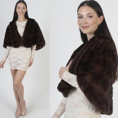 Genuine Mahogany Mink Fur Stole, Dark Brown Natural Real Wrap, Vintage 60s Wedding Cape, Bridal Bolero With Pockets 