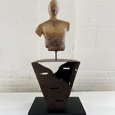 BRUTALIST IRON & WOOD BUST SCULPTURE