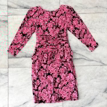 Vintage Maggy London Dress Rose Floral Pink Black Poplin Silk Womens 14 Femme Punk 