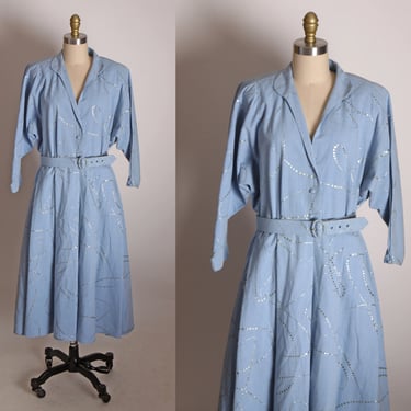 1970s Does 1950s Light Blue Denim Chambray Silver Glitter Celestial Space Star Style Swirl Fit and Flare Dress -XL 