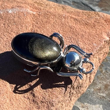 Vintage Mexico Sterling Silver and Gold Sheen Obsidian Large Beetle Pin / Brooch 