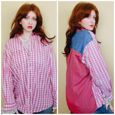 1990s Vintage Levis Red and Blue Plaid Shirt / 90s Denim Color Block Shirt Waist Blouse / Size Medium 