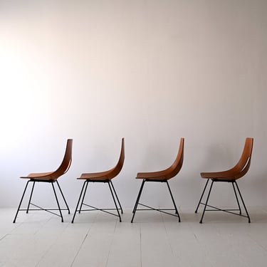 Augusto Bozzi's 'Ariston' Chairs | Italian Vintage Set of 4 | Teak and Metal Design 