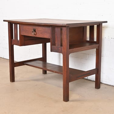 Antique Stickley Brothers Mission Oak Arts &#038; Crafts Desk or Library Table With Built-In Bookcases
