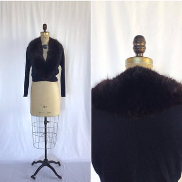 Vintage 50s Cardigan | Vintage black mink collar cardigan | 1950s Jody Lynn fur trimmed sweater 
