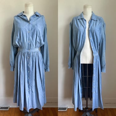 Vintage 1980s Chambray Denim Shirt Dress / S 