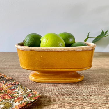 Vintage Planter - Glazed Ceramic Planter - Mustard Gold Color - Pedestal Planter - Drip Glaze Planter Bowl 
