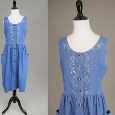 90s Blue Denim Jean Dress - Silver Metal Hearts - Sleeveless Summer Jumper Dress - Blue Diamond - Vintage 1990s - S 