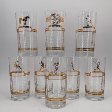 Vintage Sports Glasses Gold Trim Mid-Century Bar Set 8 MCM Barware Boxing Golf Equestrian Baseball Football Hockey Basketball Hickory Award 