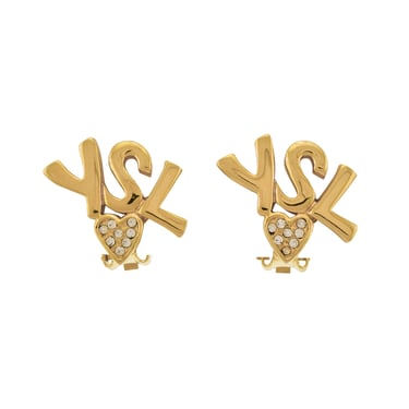 Yves Saint Laurent Vintage Golden YSL Rhinestone Heart Earrings