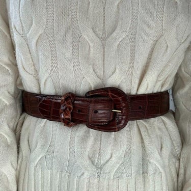 Vintage Brighton Brown Leather Croc Embossed Western Hippie Waist Belt Sz L 