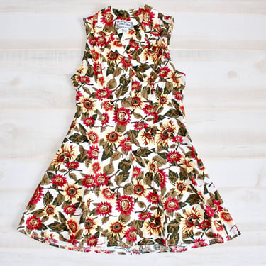 Vintage 90s Sunflower Dress, 1990s Mini Dress, Sundress, Floral Print, Button Down Dress, Collar Dress, Sleeveless, Festival, Summer 