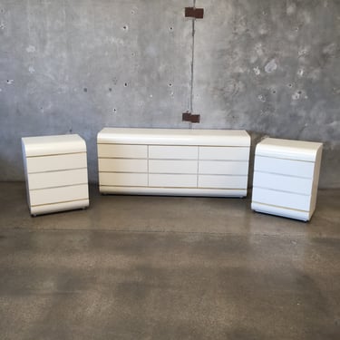 1980's Retro Karl Springer Style Post Modern Dresser &amp; Nightstands - HOLD