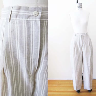 Vintage 90s Striped Linen Pants 28 -  Deadstock 1990s High Waist Beige White Women Trousers Pants Lined - Minimalist Neutral Style 