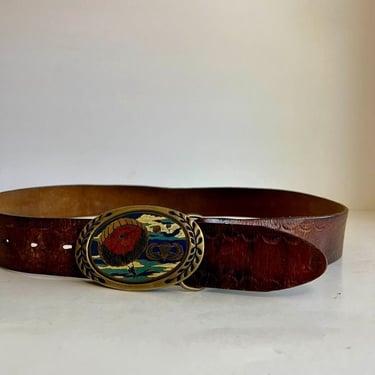 Vintage Handmade Embossed Genuine Leather Solid Brass Colorado Buckle Belt - L 