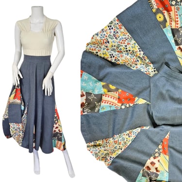 1970's Denim Blue Gored Patchwork Midi Skirt I Sz Med I Hippie Skirt I OOAK 