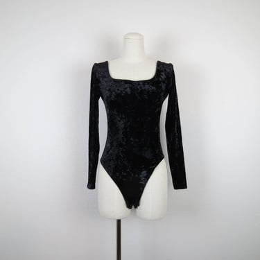 Vintage 1990s Y2k crushed velvet body suit black witchy vamp high cut leg 