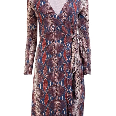 Diane von Furstenberg - Blue, Red, & White Snakeskin Print Silk Wrap Dress Sz 2