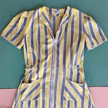 1930s Yellow and Grey Stripe Cotton Zip Front Dress - Size M/L