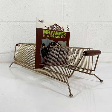 Vintage Record Stand 45 45RPM 7 Inch Holder MCM Storage Mid-Century Mantique Metal Wire Rack Mid Century Modern Gold Wood Mail Organizer 