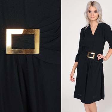 40s Cocktail Dress Simple Belted Black Midi Dress WWII Party Antique Retro Gold Belt Buckle Chic Formal LBD Vintage 1940s Small 