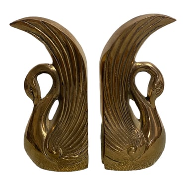 Pair of Vintage Brass Swan Bookends, Art Deco, Hollywood Regency Decor 
