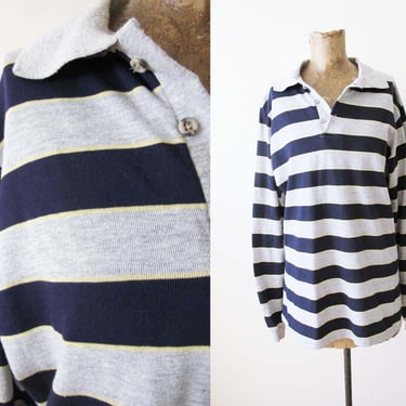 Vintage 70s 80s Gant Striped Rugby Shirt M - Navy Blue Gray Collared Long Sleeve Cotton Shirt 