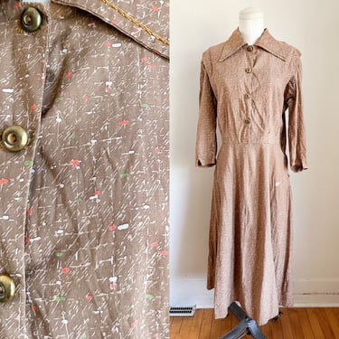 Vintage  1960s Beige Speckled Shirtwaist Dress / M (as is) 