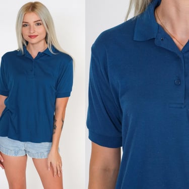 Navy Polo Shirt -- Vintage 80s Button Up Shirt Retro Tshirt Collared 1980s Slouch Short Sleeve Tee Plain Blue Medium 