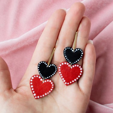 Tiered Spangled Black + Red Heart Earrings - Sustainable Minimalist Leather Earrings 