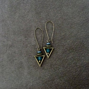 Turquoise sea glass earrings, boho chic earrings, geometric earrings, long bronze earrings, unique artisan earrings, bohemian earrings 