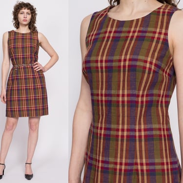 80s Plaid Linen Blend Mini Dress - Medium | Vintage Red Grunge Sleeveless Fitted Sheath Secretary Dress 