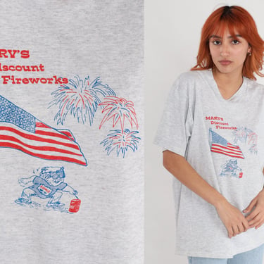 Marv's Discount Fireworks Shirt 90s Fourth of July T Shirt American Flag Holiday Graphic Tee Retro TShirt Vintage 1990s Grey Large xl 