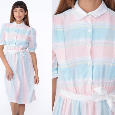 Striped Puff Sleeve Dress 80s Pastel Pink Blue Midi Shirtdress Bohemian High Waisted Button Up Boho Secretary Vintage 1980s Collared Small 