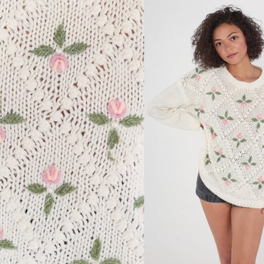 Embroidered Floral Sweater 90s White Chunky Knit Diamond Sweater Pearl Beaded Flower Pullover Retro Girly Grandma Spring Vintage 1990s Large 