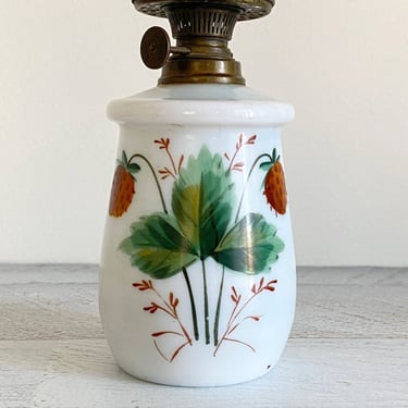 Miniature oil / kerosene lamp, Antique Milk Glass w primitive hand painted strawberries and  Brenner Spar Burner 