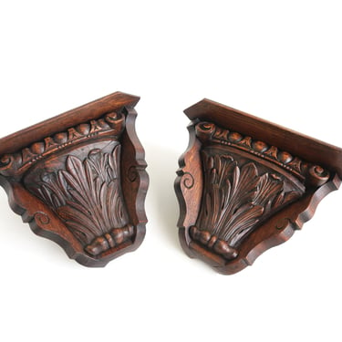 Two Antique Oak Corner Wall Consoles Carved Wooden Corner Bracket Shelves French Wall Shelf Hanging Wall Decor Display Pedestal 19th C 