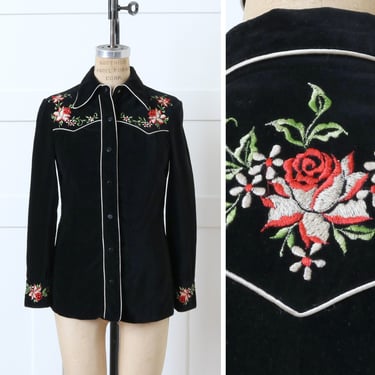 vintage 1970s embroidered red rose western shirt • boho black velvet snap front blouse 