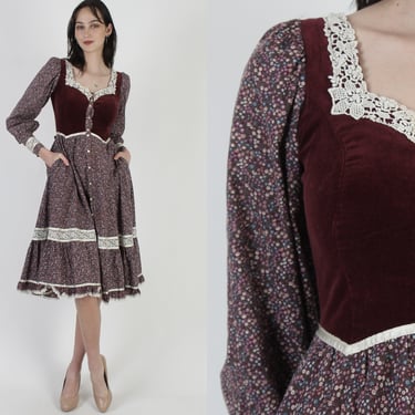 Gunne Sax Burgundy Calico Floral Dress With Hip Pocket - Size 7 