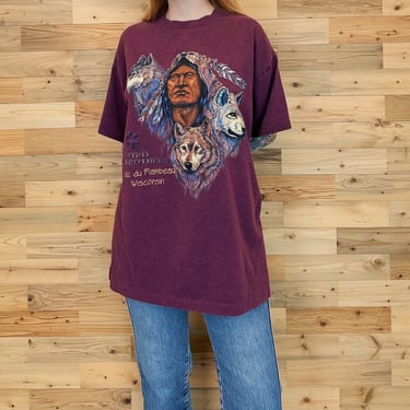 90's Vintage Lac du Flambeau Wisconsin Native American Wolves Nature Tee Shirt T-Shirt 