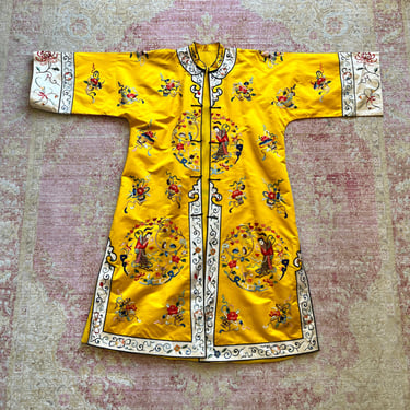 AS-IS *** Vintage Silk Asian Floral Embroidered Bright Canary Yellow Frog Closures Duster Jacket (medium/large) 