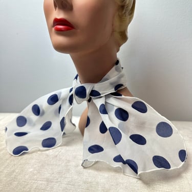 60’s neck scarf Pussycat bow~ sheer white big blue polkadots~ vintage scarves neck ties Retro mod women’s fashion~ short neckerchief 