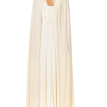 1970S HALSTON Cream Silk Jersey Plunging Neckline Gown With Angora & Cashmere Knit Cape 