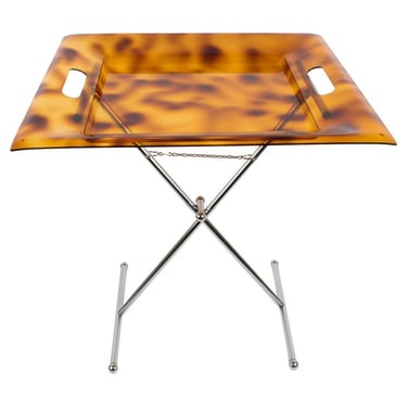 Folding Side Tray Table Tortoise Lucite and Chrome, Italy 1980s