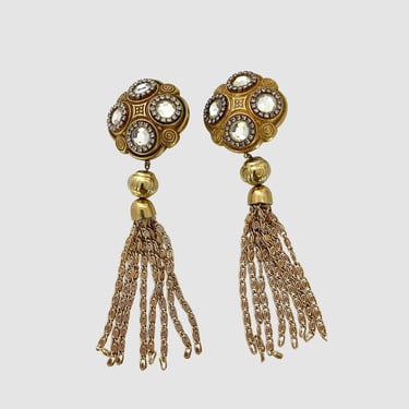 GOLD RUSH Vintage 80s Fringe Statement Earrings | 1980s Long Dangly Drop Duster Rhinestone Clip Ons | 90s 1990s Avant Garde Jewelry 