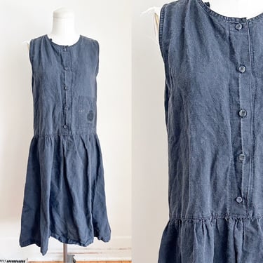 Vintage 1980s Black Cotton Drop Waist Shirt Dress / S 