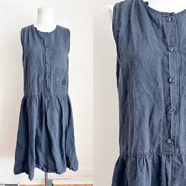 Vintage 1980s Black Cotton Drop Waist Shirt Dress / S 