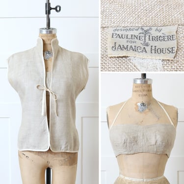 designer vintage 1950s linen beach set • Pauline Trigere summer jacket and halter bikini top 
